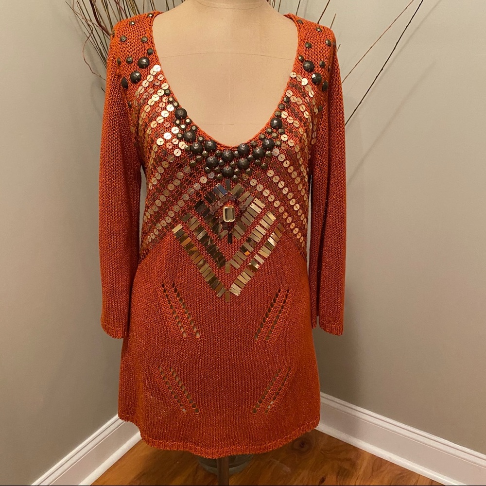 BCBGMAXAZRIA Orange Studded Embellished Tunic